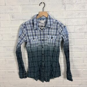 Roar Button Down Shirt Womens S Blue Ombre Plaid Crinkle Cross Back Western